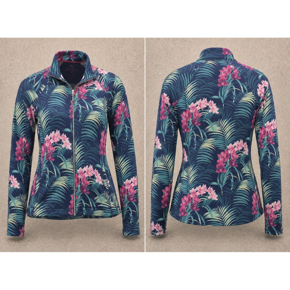 Tommy Bahama Jacket Womens Small Tropical Floral Palm Print Full Zip Sweatshirt